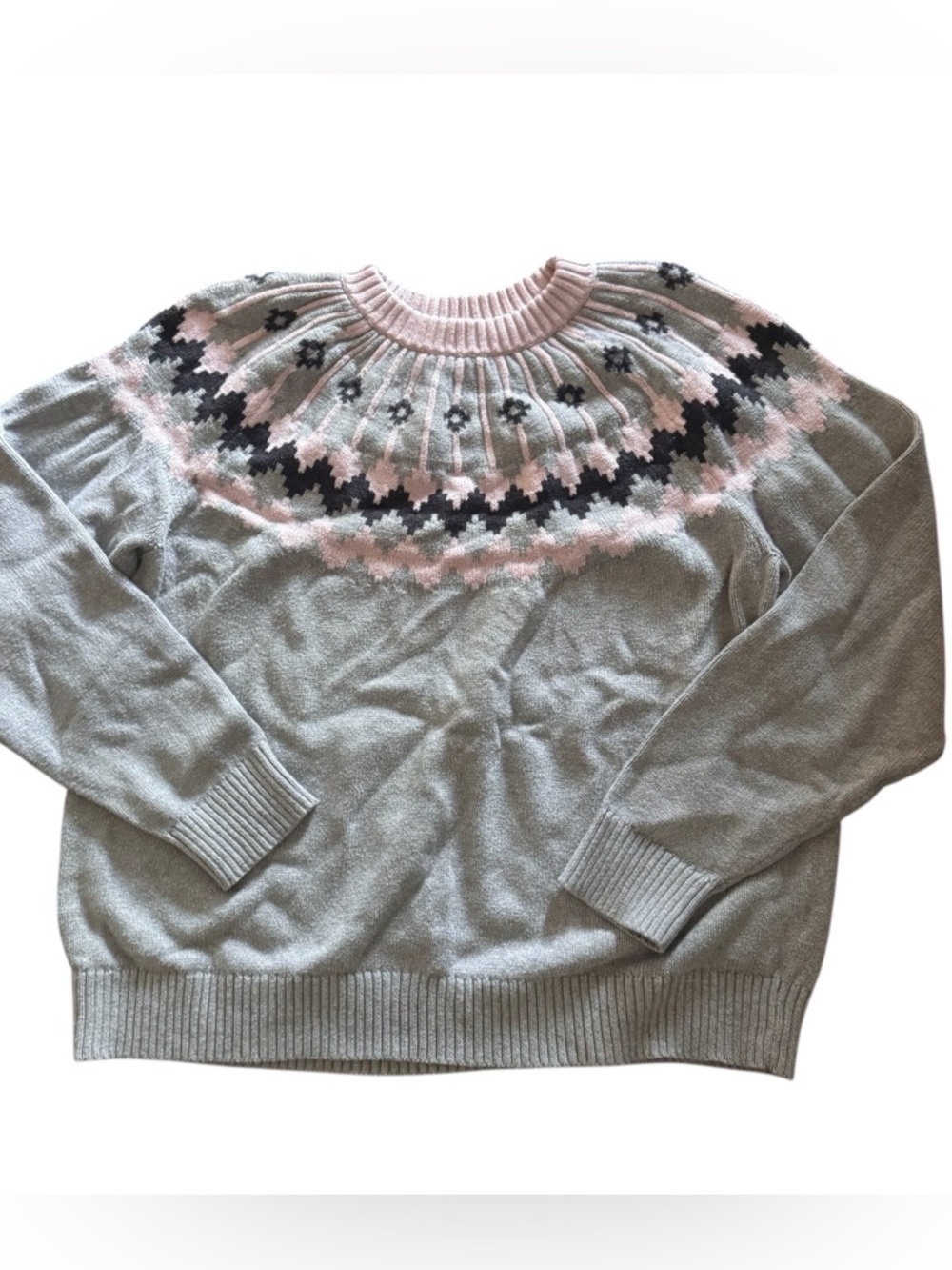 J. Crew Grey Crewneck Sweater with Pink and Black Fair Isle Yoke, Size 2X, Prep